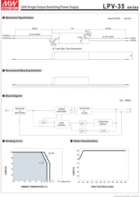 Technical specifications of LPV-35 single output switching power supply, including diagrams and performance charts