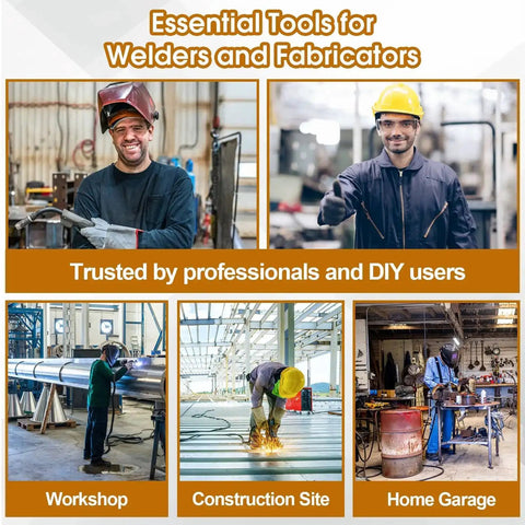 Essential tools for welders and fabricators in workshop, construction site, and home garage settings.