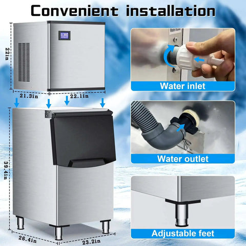 Commercial Ice Maker Machine 500 Lbs Per Day With 350 Lb Storage Bin Stainless steel ice maker with diagrams for installation