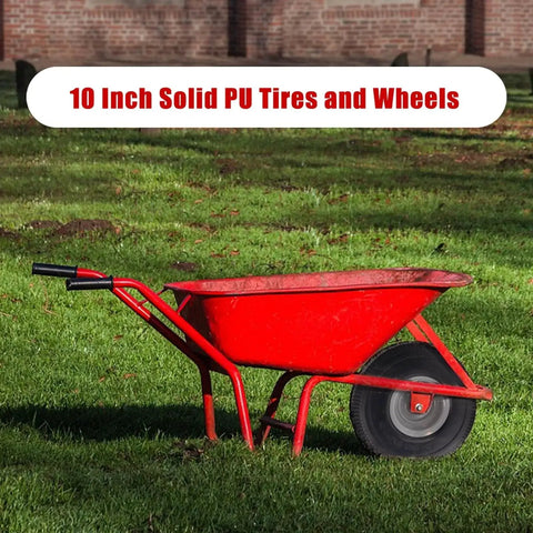 Red wheelbarrow with 10 Inch Solid PU Tire And Wheel Replacement For Garden Carts Hand Trucks And Wheelbarrows on grass