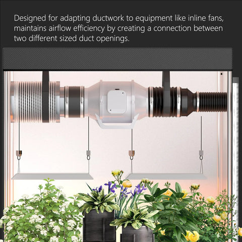 4-to-3 inch duct reducer for inline fans, galvanized steel, black finish, grow tent ventilation