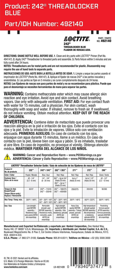 Instructions and warnings for Loctite 242 Threadlocker Blue, part number 492140, shown on a white label with red and black text.