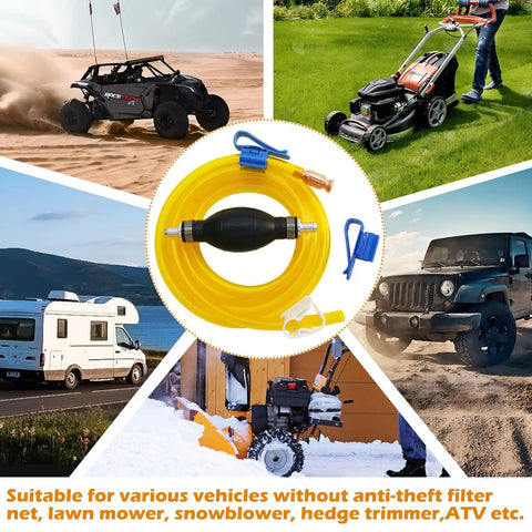 Portable Hand Fuel Transfer Pump With 10 Ft Siphon Hose shown with various vehicles including ATV, lawn mower, RV, and snowblower.