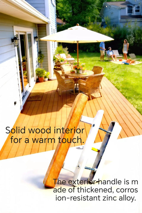 Sliding Patio Door Handle Replacement Set With Wood Interior Pull And White Zinc Diecast Pull And Chrome Plated Brackets Fits Three Point Nine Seven Five Inch Screw Hole Space Non Key Design White Brackets Cost Effective Upgrade For Worn Or Broken Patio with garden view