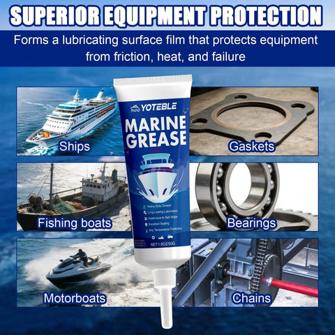 All Purpose Marine Grade Grease Tube Built To Last For Steering Cables, U Joints, Wheel Bearings, Throttle And Shift Cables, Waterproof Shield, Extreme Pressure Tough Formula, 50G shown with images of ships, fishing boats, motorboats, gaskets, bearings, and chains.