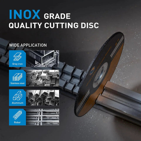Side view of 25 Pack 3 Inch Cut Off Wheels For Metal And Stainless Steel, 3 x 1/16 x 3/8 Inches, aluminum bonded disc on metal bar