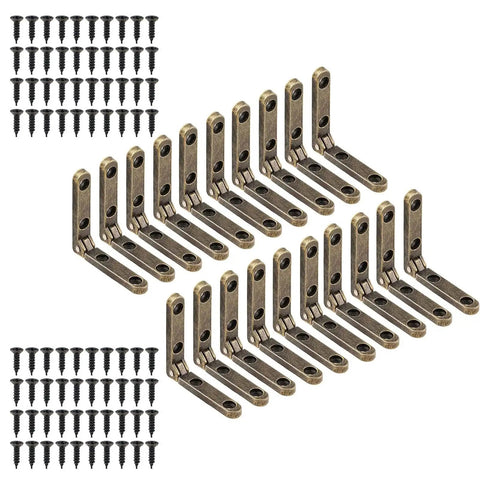 Heavy Duty 90 Degree Small Hinge Set For Wooden Boxes And Miniature Furniture Craft Projects Jewelry Cases Cabinets And Drawers Includes 20 Sets With Screws For Easy Installation, shown with bronze alloy hinges and screws.