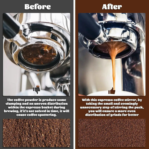 Before and after using Espresso Distribution Tool WDT With 8 Pin 0.35mm Stainless Steel Needles, showing improved coffee extraction.