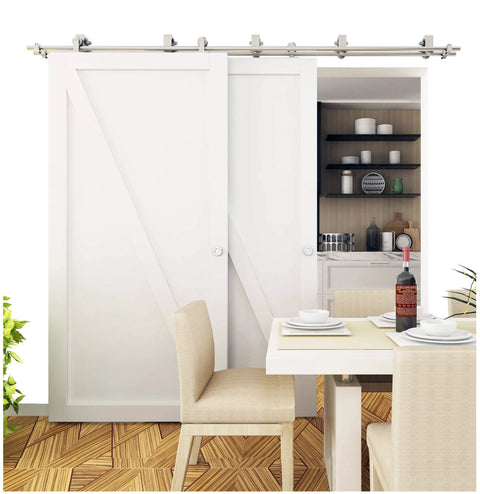 8 Foot Brushed Stainless Steel Bypass Sliding Barn Door Hardware Kit For Low Ceiling Top Mount System with installed doors