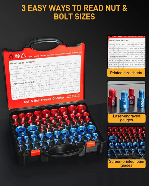 66 Piece Nut and Bolt Thread Checker Kit With 34 SAE Blue and 32 Metric Red Thread Gauges in a black case with size chart