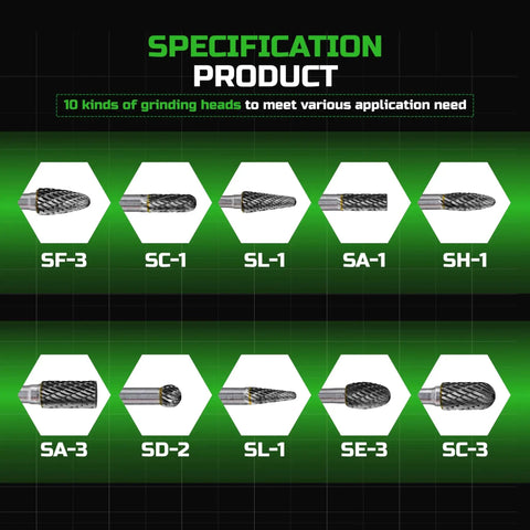 Specifications of 10 Pcs Double Cut Carbide Burr Set With Quarter Inch Shank for Die Grinders showing different bit shapes.