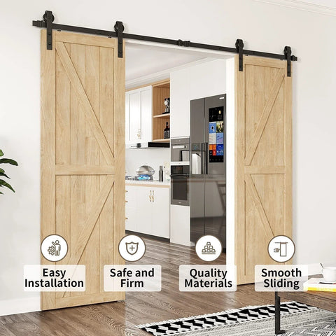 Bypass Sliding Barn Door Rail Hardware Kit For Double Doors Monorail Barn Door System installed in modern kitchen