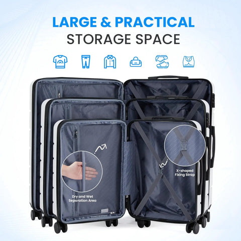 Interior of 20 Inch Hardside Carry On Luggage With Double Spinner Wheels And TSA Lock expandable travel case in white showing organized storage space.