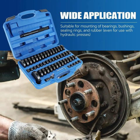 52 Piece Bearing And Seal Driver Set With Interchangeable Heads in blue case displayed next to wheel hub for installation work