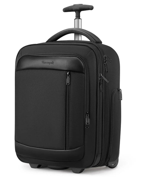 Front view of a black TSA Approved Rolling Overnight Weekender Bag, showing wheels and handle, fitting under most seats or overhead bins.