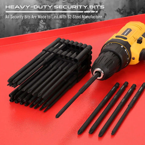 Extra Long Security Bit Set 32-Piece S2 Steel Screwdriver Drill Bits For Tamper-Proof Screws with electric drill on red surface