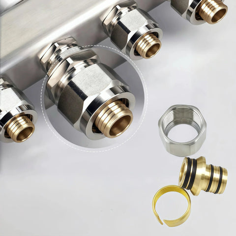 YUFUYEK 5-branch PEX radiant floor manifold, stainless steel body with 1/2 in brass adapters, 5-loop kit