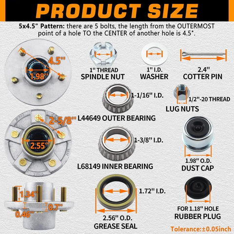 Diagram showing dimensions and components of 5 On 4.5 Inch Galvanized Trailer Hub Kit For 3500 Lb Axles with bearings and bolt pattern.