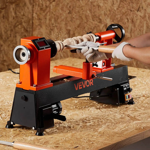 Benchtop Wood Lathe With 1 HP Motor, Variable Speed 150 To 3800 RPM, 12 By 18 Inch Work Area, Cast Iron Frame, in use on workbench