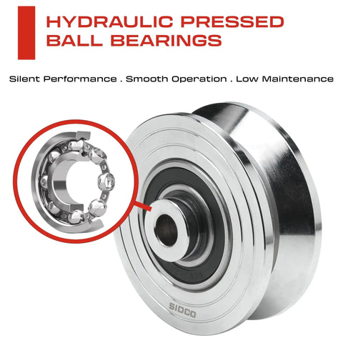 Close-up of 3.5 Inch V Groove Wheel With Solid Steel Construction, Heavy Duty Inverted V Groove For Sliding Gates, showing sealed ball bearings.