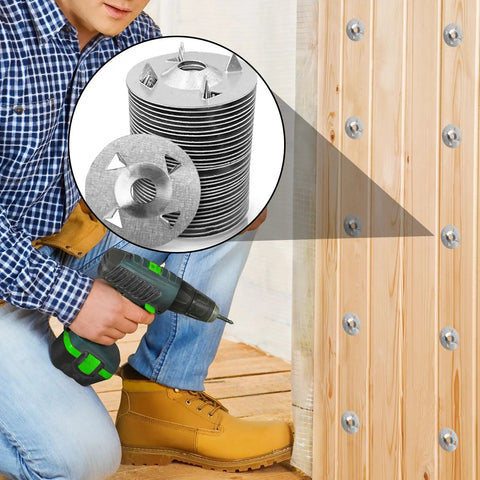 Person using drill with 500 Pack Foam Board Fasteners Washers One And One Eighth Inch Galvanized Steel For Insulation Fixing On Foam Board Panels With Cut Resistant Gloves Screws Not Included on wood panel