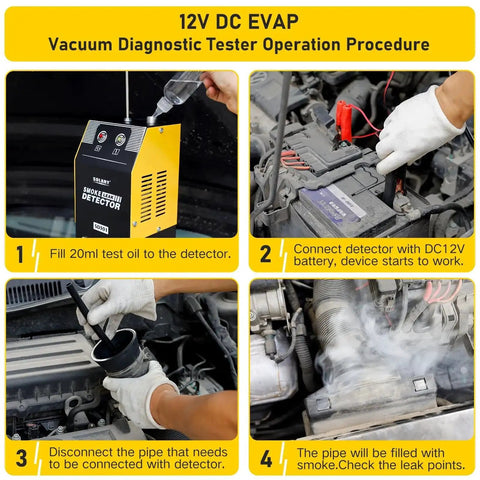Automotive Smoke Machine Leak Detector With Built In Air Pump 12V DC EVAP Vacuum Diagnostic Tester operation steps shown.