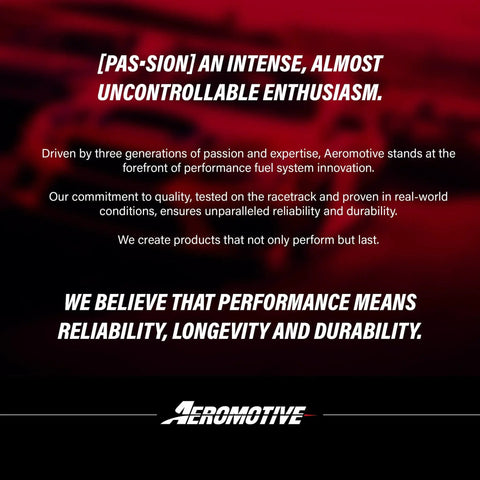 Aeromotive brand message highlighting performance, reliability, longevity, and durability in fuel system innovation.