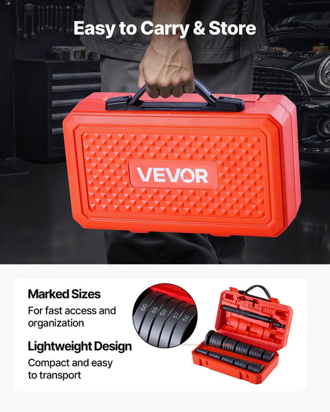 Man holding red carrying case for Bearing Press Kit With 52 Piece Bearing Race And Seal Driver Set for automotive maintenance.