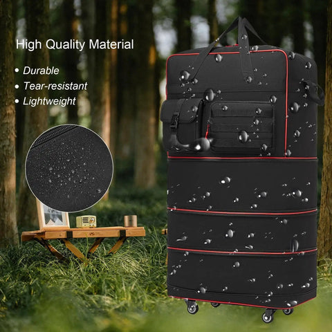 Tactical Foldable Travel Bag With Wheels For Easy Packing And Expansion, Large Duffle Luggage With 3 Layer Fold Design, black