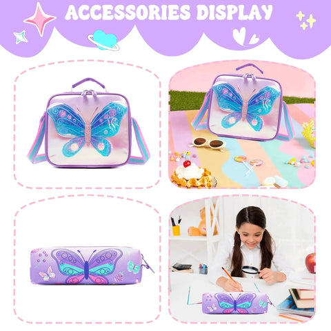 Girls Rolling Backpack With Wheels For Kids Ages 5 To 12, 3D Butterfly Design lunch bag, pencil case, Meetbelify School Roller Backpack set