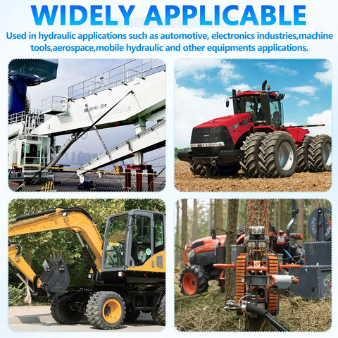 Construction equipment collage showing an excavator, loader, red tractor, and forestry machine outdoors.