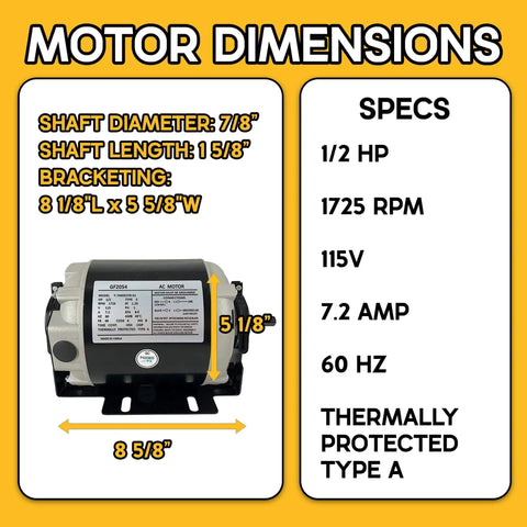 1/2 HP Belt Drive Motor GF2054 Replacement - Single Unit, 115V 60Hz 1725 RPM 48 Frame, dimensions and specs displayed
