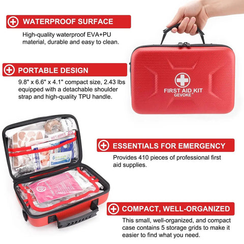 Closed and open view of 410 Piece Waterproof Hard Shell First Aid Kit For Home Car Travel Camping Truck Hiking Sports Office And Outdoor Emergencies With Multi Compartment Organization And Clear Visibility In Red