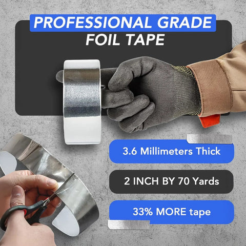Aluminum foil HVAC tape roll in silver, 2 in by 70 yd, professional grade with gloved hand.