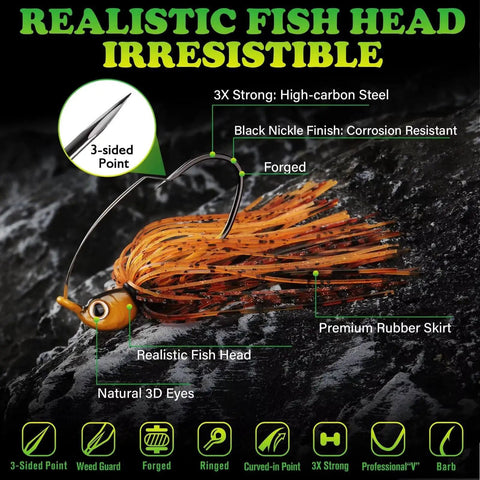 Weedless Bass Jigs With Stainless Weed Guard For Clean Swims And Snag Free Bass Fishing, Swim Jigs with 3-sided point 3/0 hooks, 3/8oz