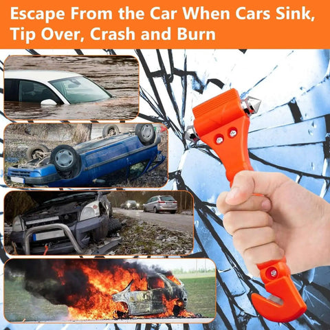 2 In 1 Car Window Breaker Hammer And Seat Belt Cutter Emergency Escape Tool held in a hand with emergency scenarios in background