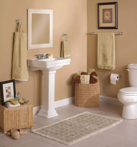 Bathroom with Mason Chrome Tissue Paper Holder Roller Only With Pro Fit Installation System Easy Wall Mount, next to toilet.