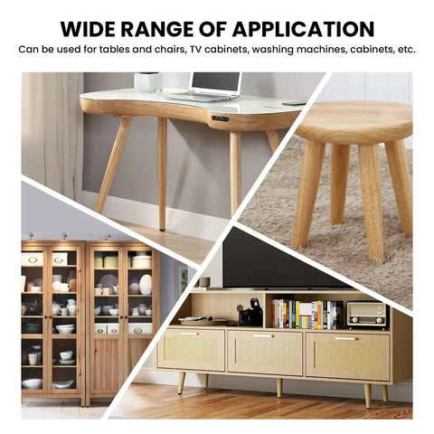 M8 Adjustable Furniture Leg Set With 304 Stainless Steel Feet used in table, chair, cabinet, TV unit, showcasing versatility