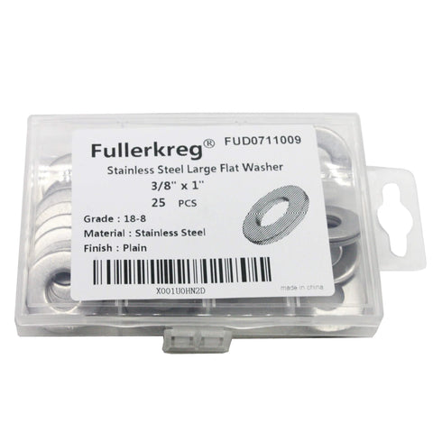 FullerKreg stainless flat washers, 3/8 in hole x 1 in OD, 25 pcs, 304 stainless steel, plain finish