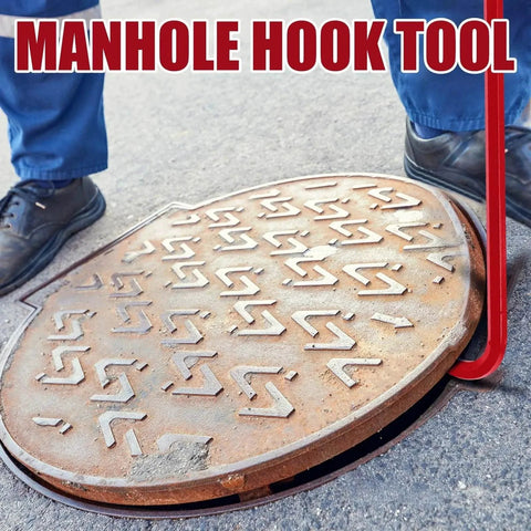 Heavy Duty Manhole Cover Hook 36 Inch With Five Eighth Inch Hex Alloy Steel Lifter lifting a manhole cover