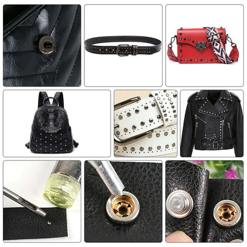 Collage showcasing leather items and tools from the 14-Piece Rivet Setter Kit For Leather Work Pro-Grade Stainless Steel Snap Rivet Tools With Non-Slip Base Die Punch Leather Craft Kit For Bags Belts Wallets And DIY Projects.