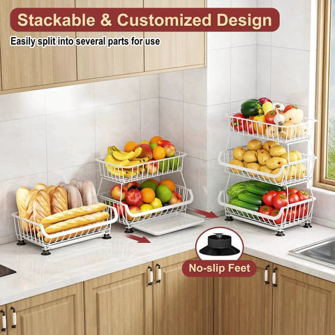 3-Tier Rolling Pantry Cart With Wheels For Kitchen Organization And Storage, holding fruits, bread, and vegetables on counter