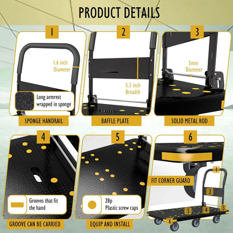 Product details of Heavy Duty Foldable Platform Cart With Six Wheels And 2000 Pound Capacity 360 Degree Swivel And Fixed Casters.