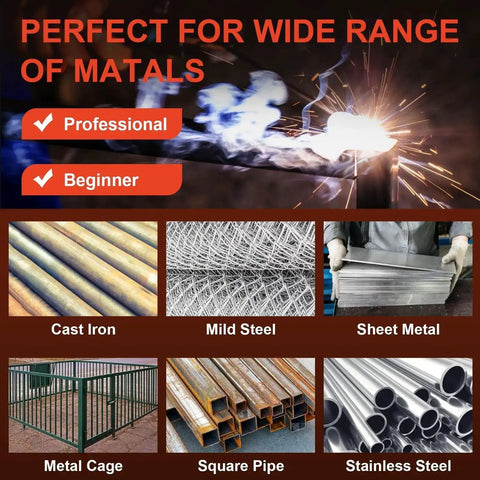 Image showcasing various metals compatible with Portable 110V MMA Stick Welder With IGBT Inverter, Hot Start, Arc Force, Anti-Stick, Lightweight 250A Welding Machine For Home Projects, Includes 20 Electrodes, including cast iron, mild steel, sheet metal, metal cage, square pipe, and stainless steel.