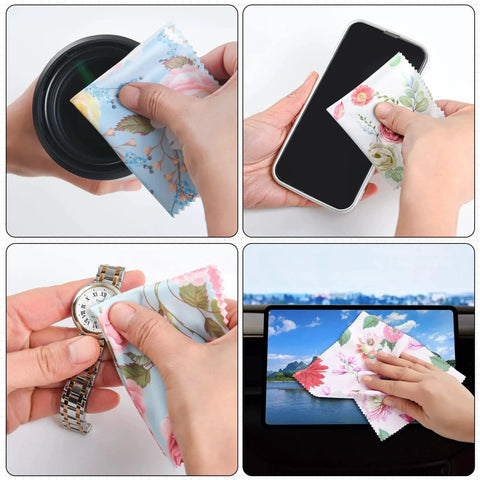 Microfiber Cleaning Cloths 6x7 Inches Multicolor Flower Pattern For Eyeglasses used on lenses, phone, watch, and tablet screen.