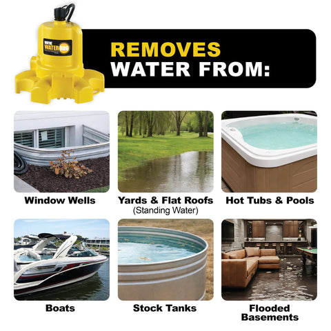 Wayne WaterBUG submersible pump, yellow; water removal in window wells, roofs, hot tubs, boats, tanks, basements.