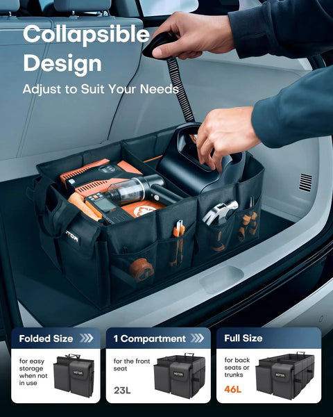 Foldable Car Trunk Organizer For SUVs And Sedans With Two Large Compartments And Six Mesh Pockets Keeps Groceries Tools And Gear Neat And Ready For Any Trip On The Go In Black in a car trunk.