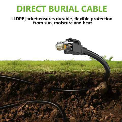 Outdoor Cat6 Ethernet Cable 200 Ft 24 AWG Copper, 550MHz Direct Burial Waterproof LLDPE UV Jacket in-ground installation