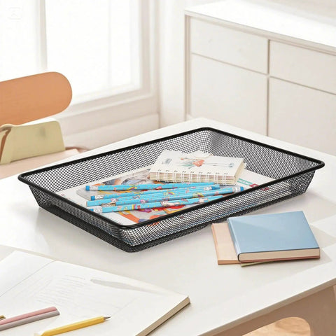 Metal Mesh Desk Paper Tray Organizer Set 5 Pack For Office Home School Black with books and pens on a desk