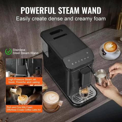 Automatic Espresso Machine With Built In Grinder, 20 Bar Pressure, Frother Steam Wand, 15 Grinding Settings, 1.5L Water Tank, Barista-Grade Auto Brew For Rich Cafe Quality Espresso At Home displayed on a kitchen counter with cappuccinos.